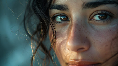 Close Up of Womans Face With Blue Eyesの素材