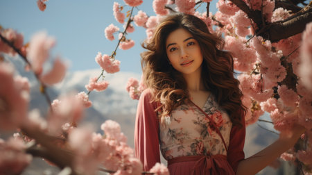 Woman Standing in Front of Tree With Pink Flowersの素材