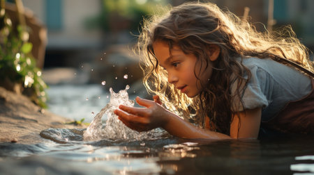 Little Girl Swimming in Waterの素材