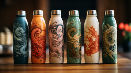 A Row of Different Colored Bottles on a Wooden Tableの素材