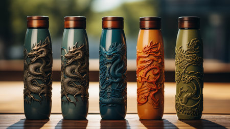 A Row of Different Colored Bottles on a Wooden Tableの素材