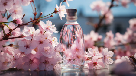 Glass Bottle on Table Next to Pink Flowersの素材
