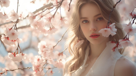 Woman Standing in Front of Tree With Pink Flowersの素材