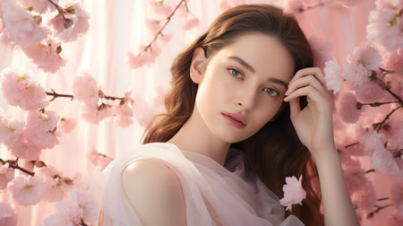 Woman Standing in Front of Tree With Pink Flowersの素材