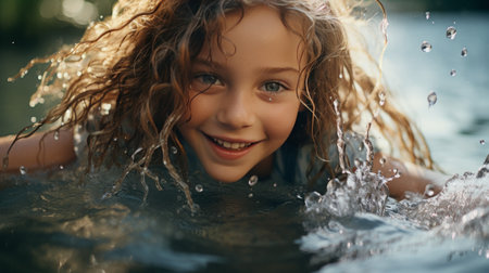 Little Girl Swimming in Waterの素材