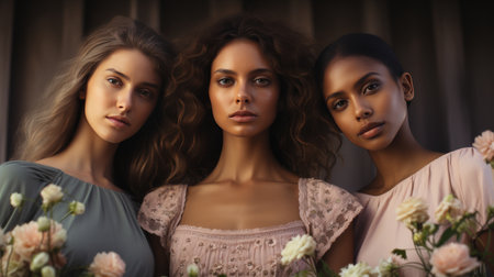 Women in Pink Dresses and Hats Posing for a Pictureの素材