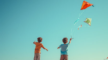 Two Young Boys Flying Kites on a Sunny Day