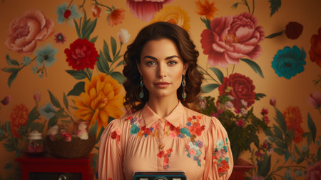 Woman Standing in Front of Floral Wallpaperの素材