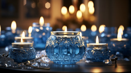 Large Blue Candle Holder With Many Lit Candlesの素材
