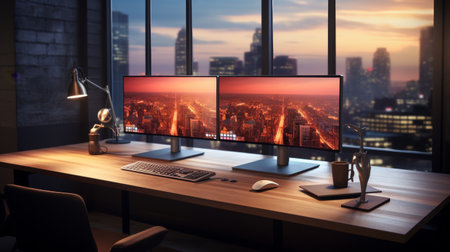 Two Computer Monitors on Wooden Deskの素材