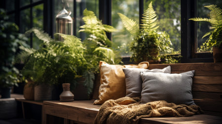 Wooden Bench Next to Plant-Filled Windowの素材