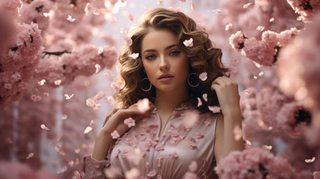 Woman Standing in Front of Tree With Pink Flowersの素材