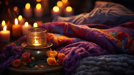 A Lit Candle on a Bed Covered in Blanketsの素材