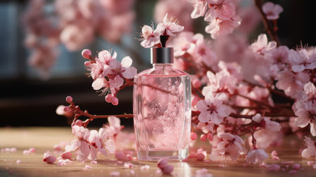 Glass Bottle on Table Next to Pink Flowersの素材