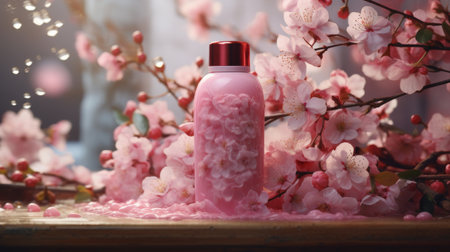 Tube of Hand Cream Next to a Branch of Cherry Blossomsの素材
