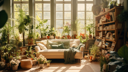 A Living Room Filled With Abundant Potted Plantsの素材
