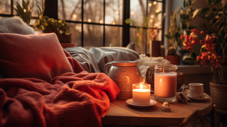 Lit Candle on Table Next to Windowの素材