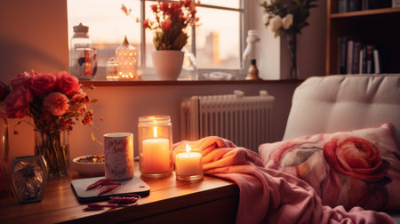 Lit Candle on Table Next to Windowの素材