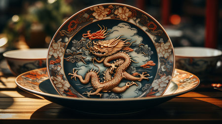 Plate With Dragon Design on Tableの素材