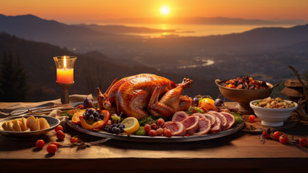 Turkey Sitting on Platter Surrounded by Fruit and Candlesの素材