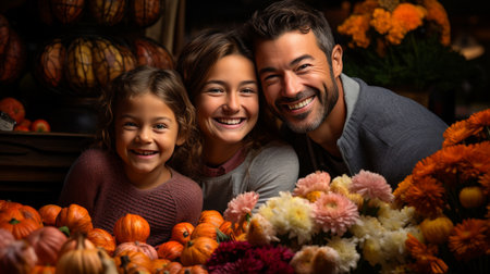 Smiling Man, Woman, and Child in Front of Display of Pumpkinsの素材
