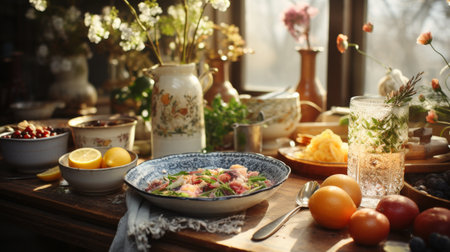 Table Set With Food and Candlesの素材