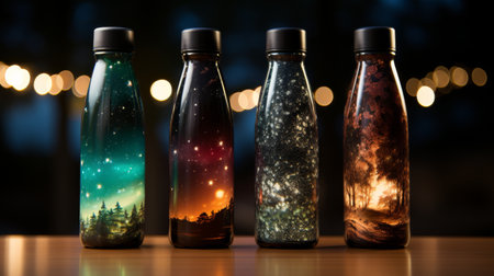 A Row of Glass Bottles on a Wooden Tableの素材