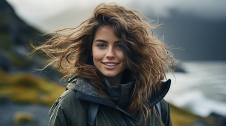 Woman With Long Hair Standing in Front of a Body of Waterの素材