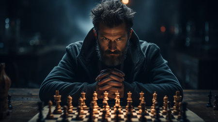 A Man Sitting at a Table With a Chess Boardの素材