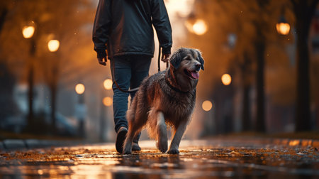 A Man Walking a Dog Down a Street at Nightの素材