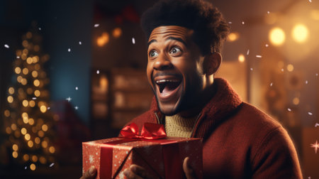 Man in Red Shirt Holding Red Gift Boxの素材