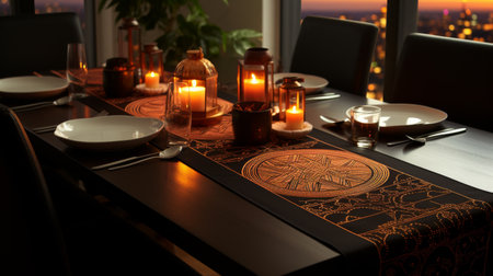 Table Set With Place Settings and Candlesの素材