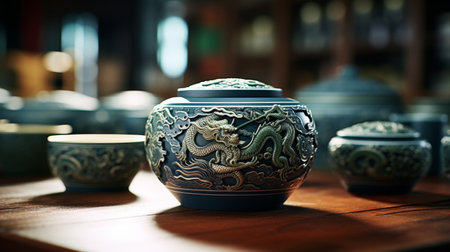 A Row of Vases on a Wooden Tableの素材