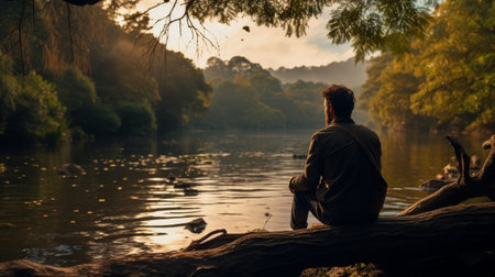 Man Sitting on Log, Looking Out Over Riverの素材