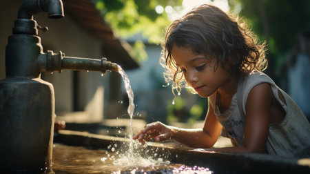 Little Girl Playing With Water From a Faucetの素材