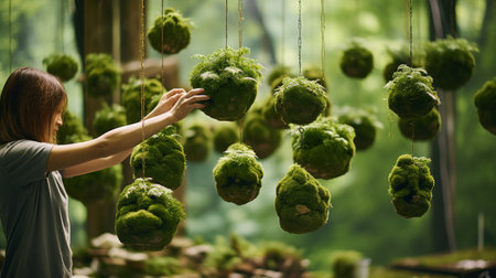 Woman Looking Out a Window at a Hanging Plantの素材