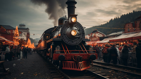 A Train Traveling Down Train Tracks Next to a Crowd of Peopleの素材