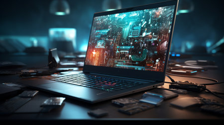 Laptop Computer on Top of Deskの素材