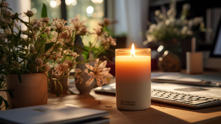 A Lit Candle on Wooden Tableの素材