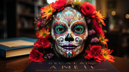 Woman Wearing Colorful Sugar Skull Maskの素材