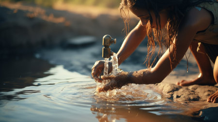Woman Washing Her Hands in a Riverの素材