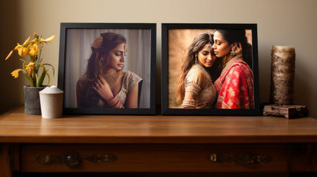 Couple of Pictures Placed on Wooden Tableの素材