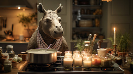 Rhino in Kitchen Surrounded by Candlesの素材