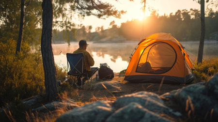 Person Next to Tent in the Woodsの素材