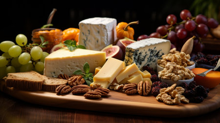Assorted Cheeses Arranged on a Wooden Cutting Boardの素材