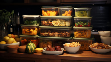 Table With Assorted Food Bowls and Fruit Containersの素材
