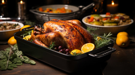 Table Topped With a Turkey and Bottle of Alcoholの素材