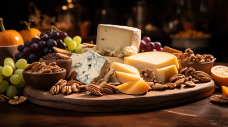 Assorted Cheeses Arranged on a Wooden Cutting Boardの素材