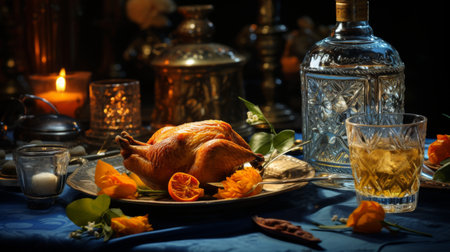 Table Topped With a Turkey and Bottle of Alcoholの素材