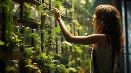 Woman With Long Hair Standing in a Greenhouseの素材